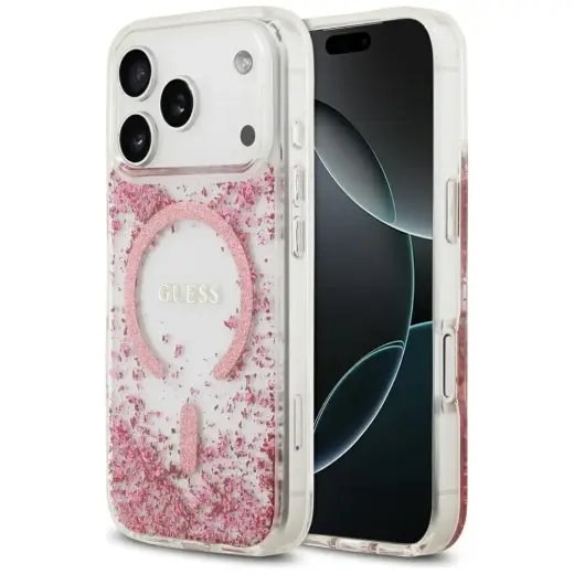 Guess Resin Bottom Glitter чехол с поддержкой MagSafe для телефона iPhone 17 Pro розовый