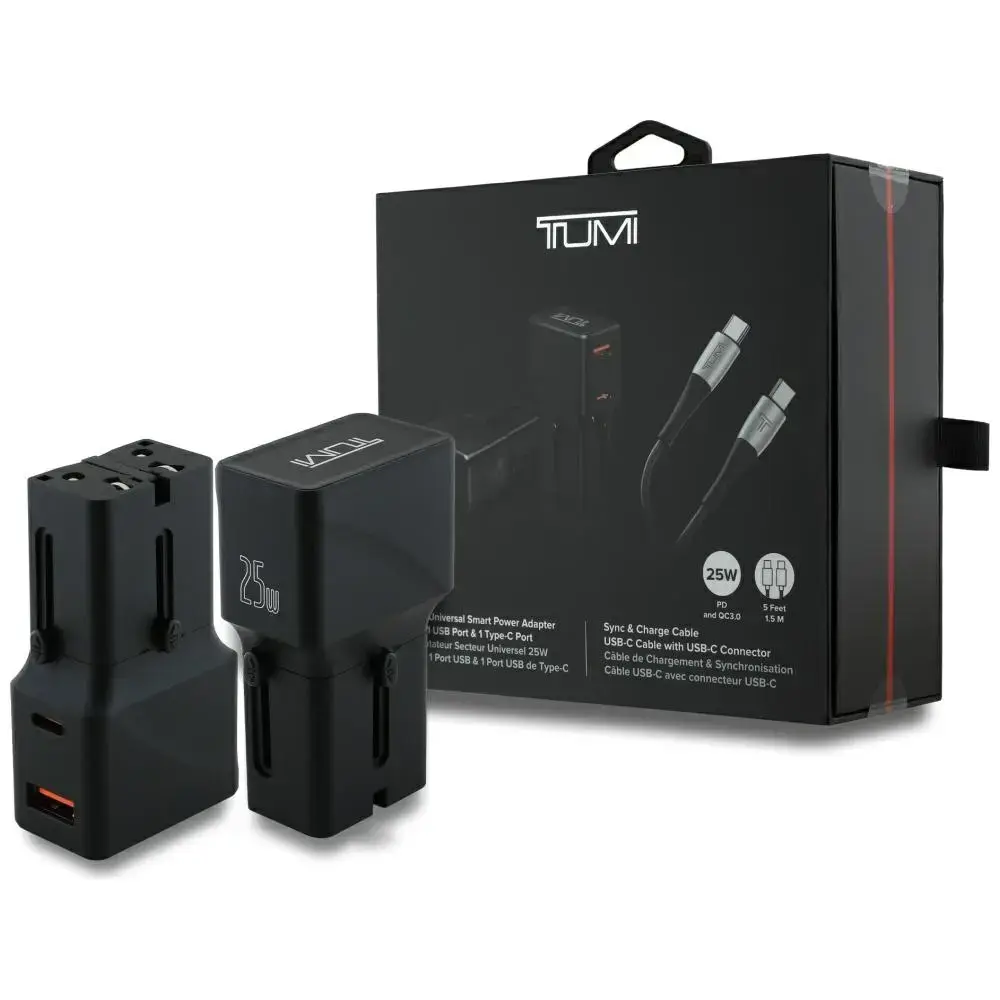 Tumi Travel Adapter tīkla lādētājs | 25W | USB-C, USB-A | ar USB-C uz USB-C vadu komplektā | melns