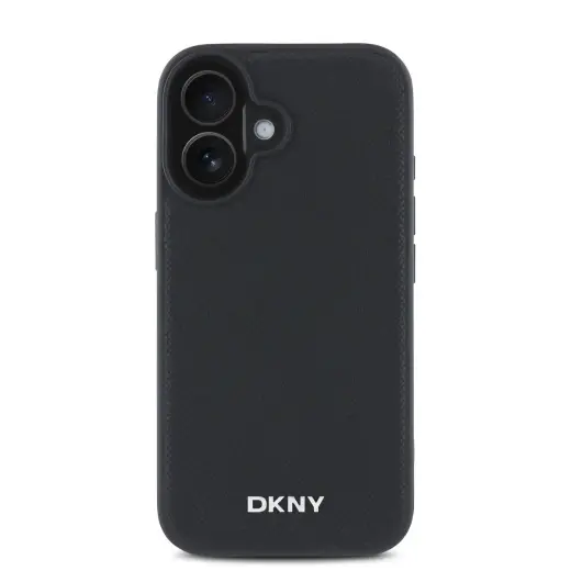 DKNY PU Leather Silver Metal Logo Magsafe Case for iPhone 16 Plus Black
