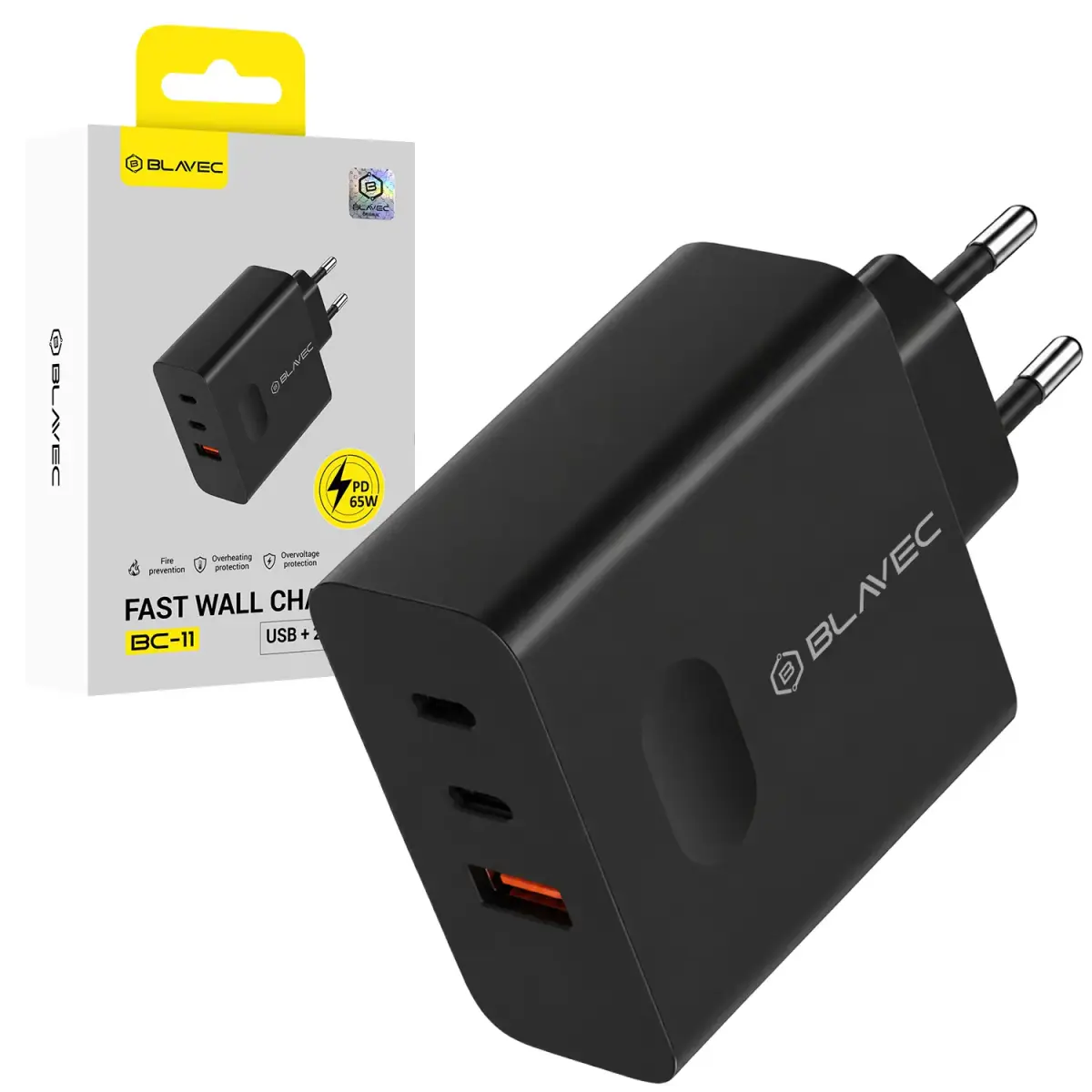 Blavec Wall charger BC-11 GaN - USB + 2xType C - QC PD 65W 3A (TCBC11G-U2CB653A) black