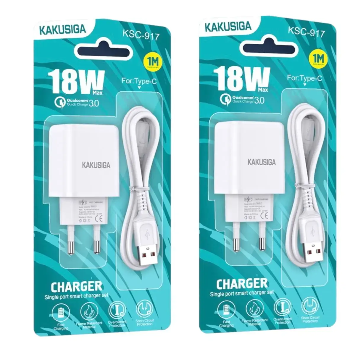 KAKUSIGA KSC-917 tīkla lādētājs | 18W | USB-A | USB-C uz USB-C vads komplektā | balts