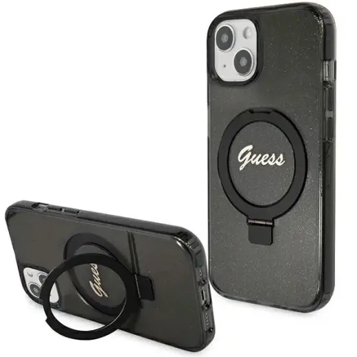 Guess GUHMP14SHRSGSK iPhone 14 | 15 | 13 6.1" czarny|black hardcase Ring Stand Script Glitter MagSafe