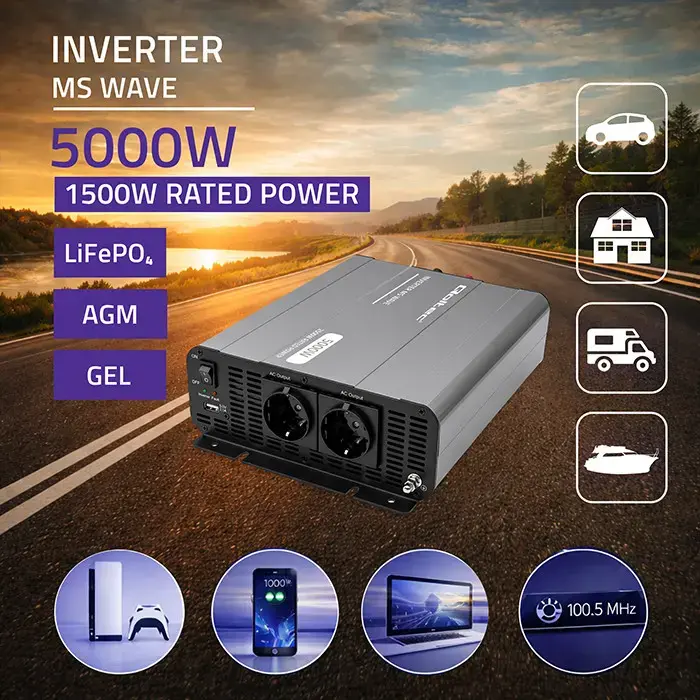 Qoltec MS Wave Voltage Converter | 12V to 230V | 2500/5000W | USB | Compatible with LiFePO4, GEL and AGM batteries