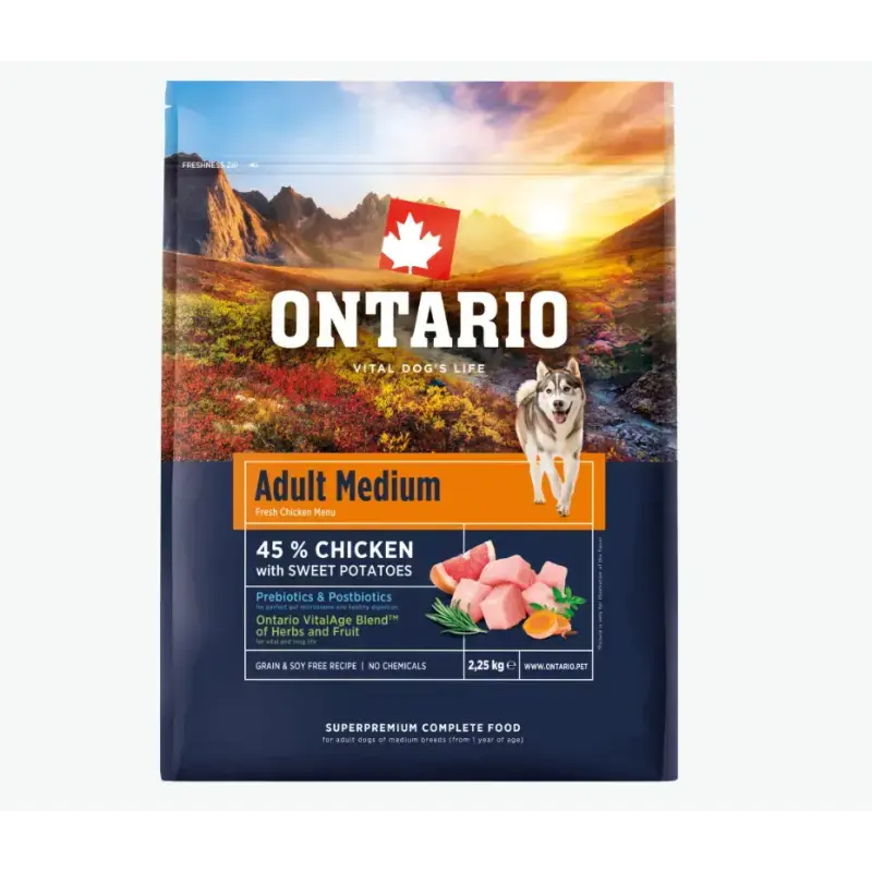 Barība suņiem – Ontario Adult Medium, Chicken and Sweet Potatoes, 2,25 kg