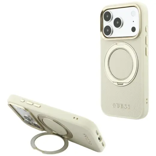 Guess Ring Stand 360 Grained Classic Logo maciņš ar statīvu un MagSafe atbalstu telefonam iPhone 18 Pro | iPhone 17 Pro bēšs