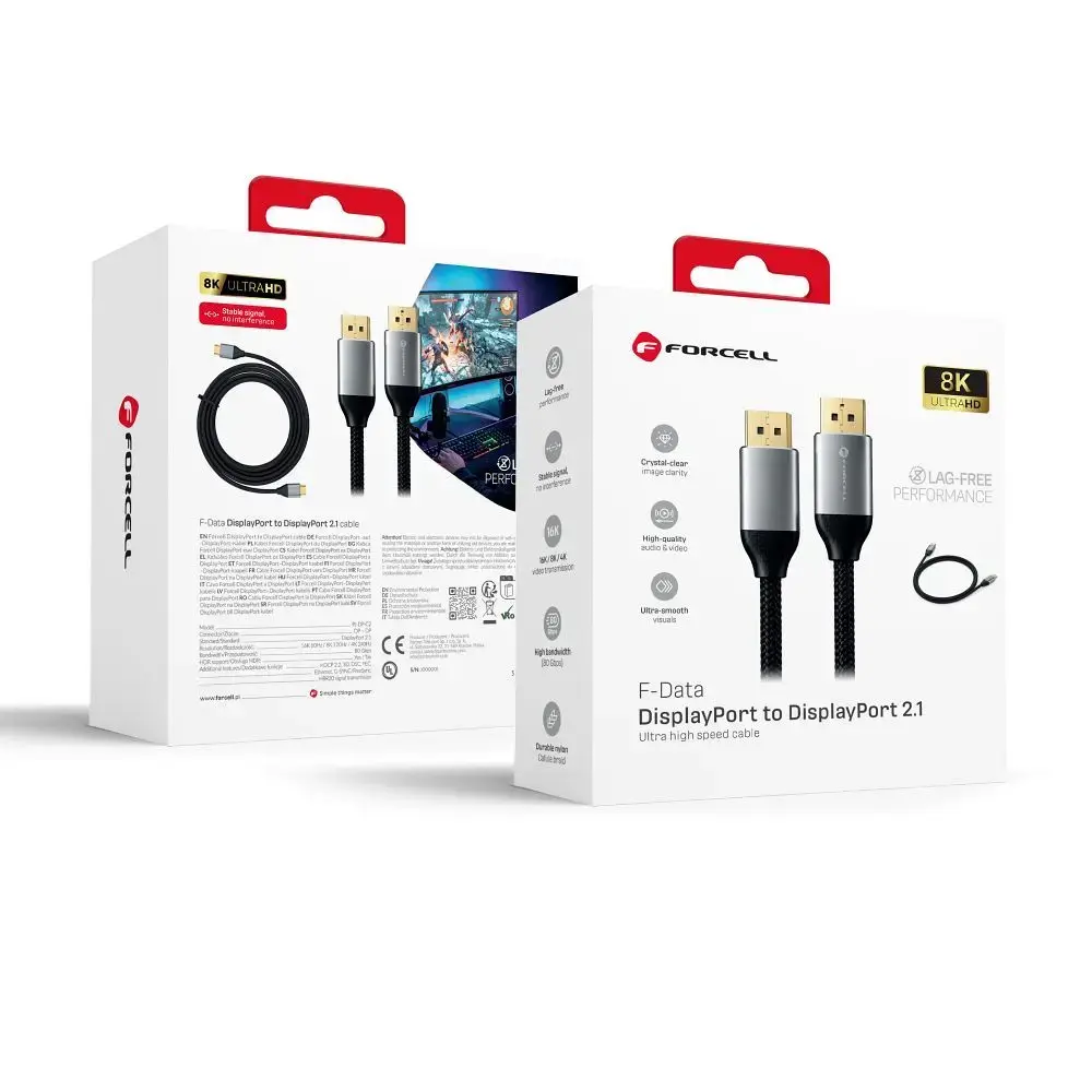 Forcell Cable DisplayPort to DisplayPort 2.1 16K 60Hz/8K 120Hz/4K 240Hz - High Speed, HDR, Ethernet, G-SYNC/FreeSync, 80Gbps, 2 m black