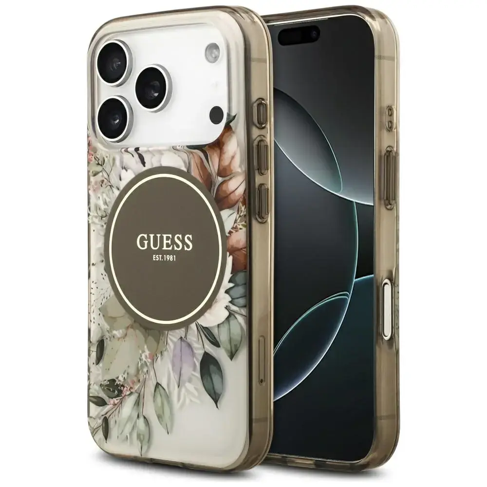 Etui Guess IML Flower & Tonal Circle      MagSafe do iPhone 17 Pro brązowy
