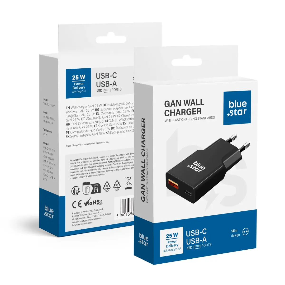 Blue Star Slim tīkla lādētājs | 25W | PD, QC, GaN | USB-C, USB-A | melns