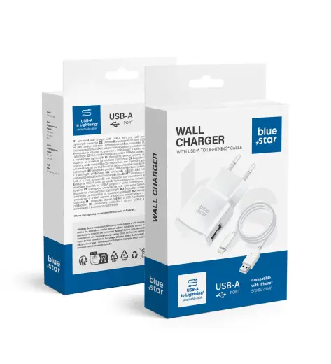 Blue Star TFK-TC-1100B tīkla lādētājs | 5W | USB-A, Lightning | ar USB-A uz Lightning vadu komplektā | balts