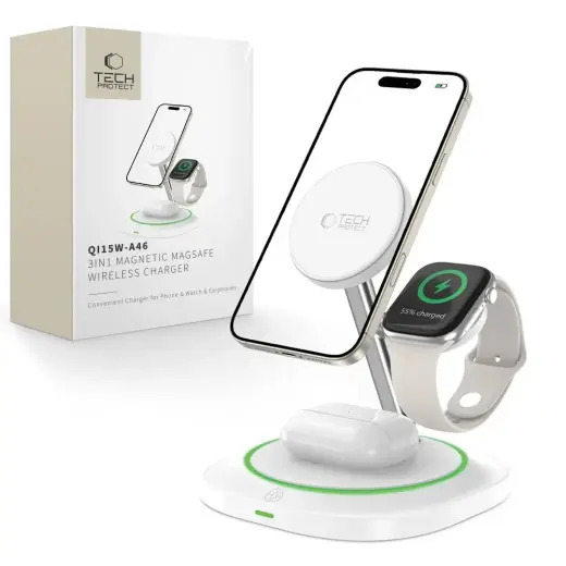 Tech-Protect QI15W-A46 3-in-1 belaidis įkroviklis | Qi | Suderinama su MagSafe | 20.5W | baltas