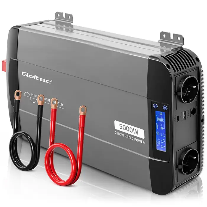 Qoltec Pure Sine Wave Inverter | 12V to 230V | 2500/5000W | LCD | USB | USC-C | Compatible with LiFePO4 GEL AGM