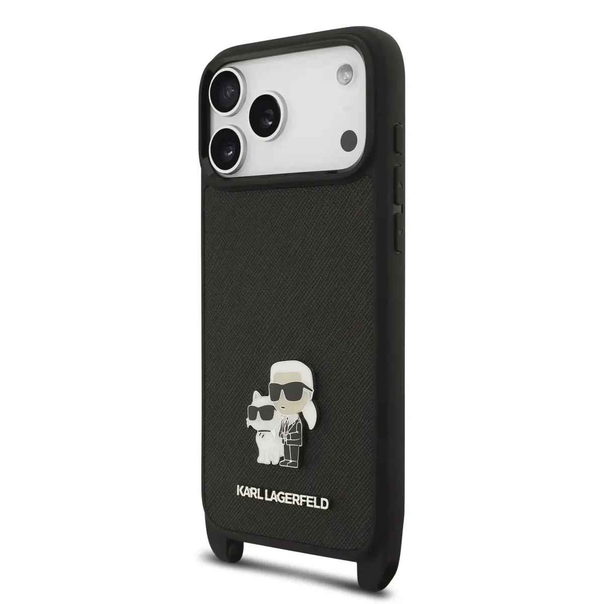 Karl Lagerfeld Saffiano Crossbody Strap Metal Karl and Choupette Case for iPhone 17 Pro Max Black