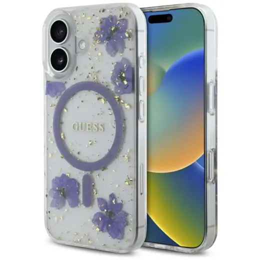 Guess Resin Flowers с блестками чехол для телефона для iPhone 16 фиолетовый с поддержкой MagSafe