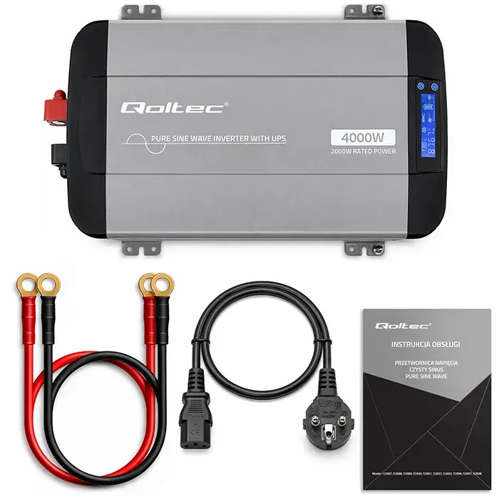 Qoltec Pure Sine Wave Inverter with UPS | 12V to 230V | 2000/4000W | LCD | USB | USB-C | Compatible with LiFePO4 GEL AGM