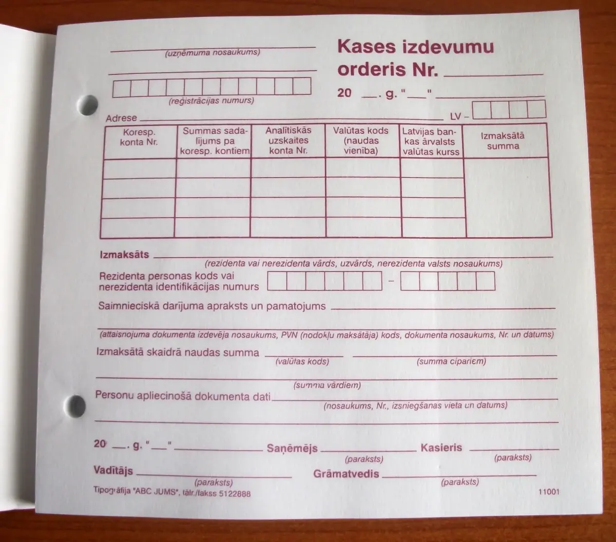 Kases izdevumu orderis A5Vspec 100 loksnes