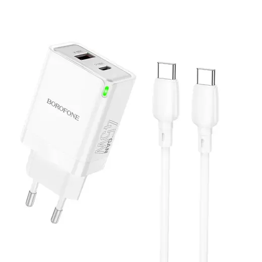 Borofone Wall charger BN16 Tough - USB + Type C - PD 45W 3A with Type C to Type C cable white