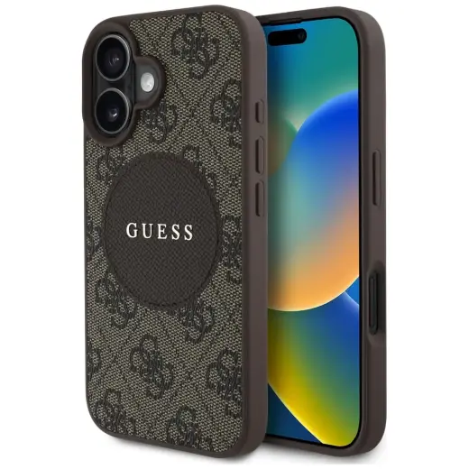 Guess Circle Classic Logo phone case for iPhone 16 brown with MagSafe support