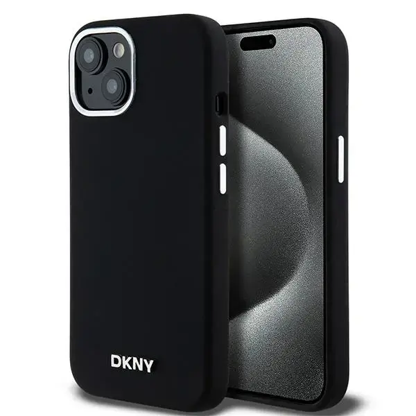DKNY DKHMP15SSMCHLK Liquid Silicone Small Metal Logo maciņš ar MagSafe atbalstu telefonam iPhone 15 | iPhone 14 | iPhone 13 melns