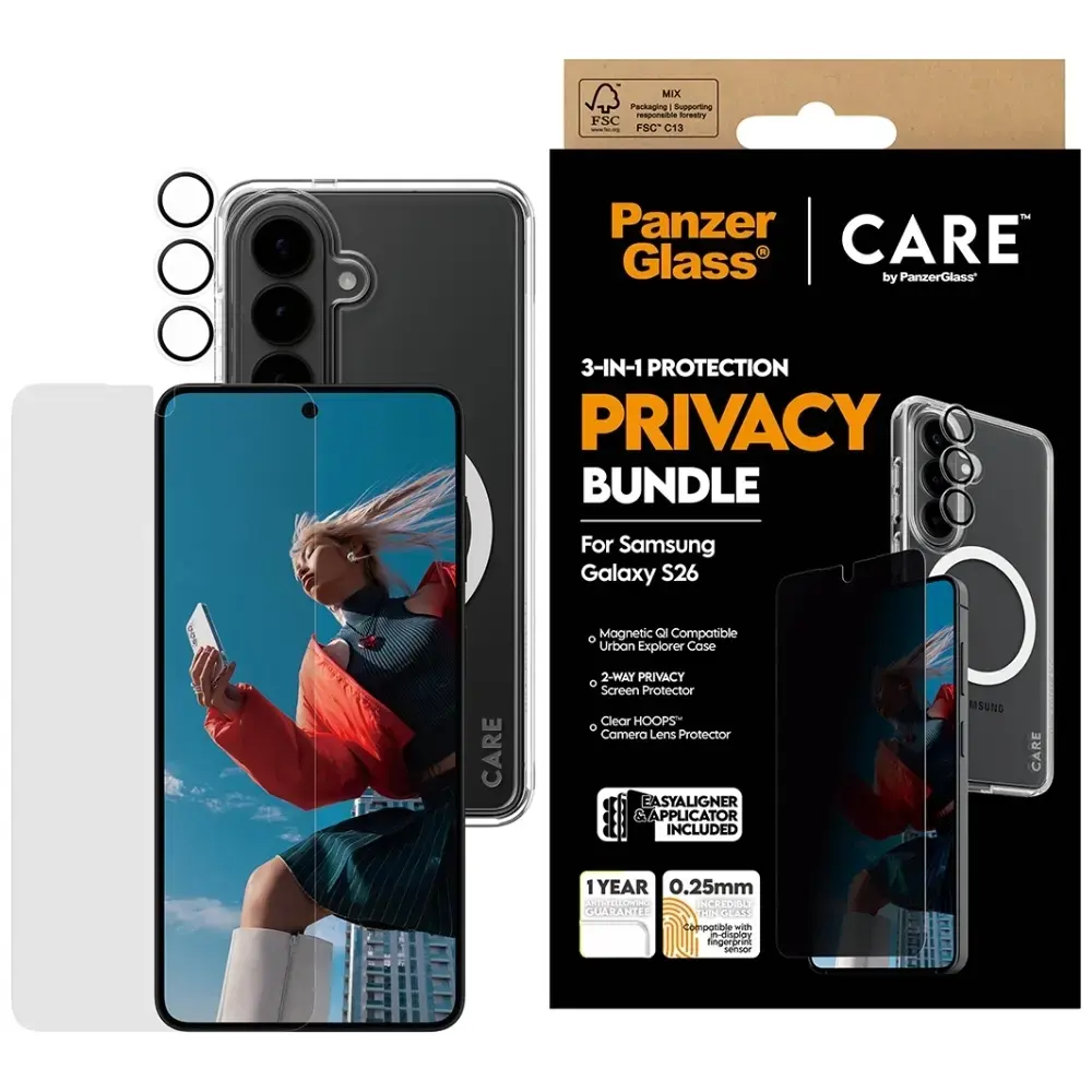 CARE by PanzerGlass 3-in-1 privātuma aizsardzības komplekts (maciņš + privātuma ekrāna stikls + kameras stikls) telefonam Samsung Galaxy S26 (S942)