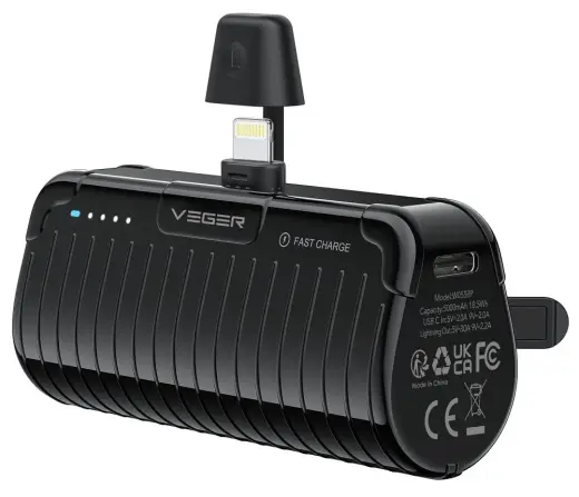 Veger PlugOn (W0558P) väline akupank (powerbank) | 5000 mAh | 20W | PD, QC | Lightning | black