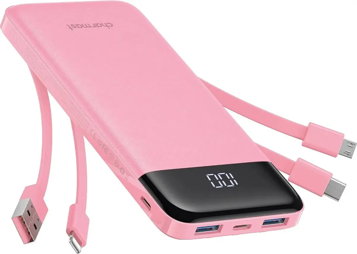 Powerbank 5V 3A 10000 mAh with built-in cables USB A / USB C / Lightning / Micro USB Charmast W1148 pink
