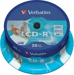 Matricas CD-R AZO Verbatim 700MB 1x-52x Wide Printable, ID Bran,25 Pack Spindle