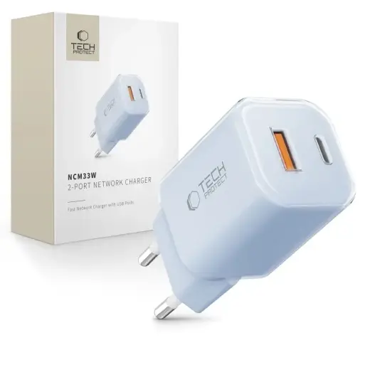 Tech-Protect NCM33W 2-port tīkla lādētājs | 33W | PD, QC3.0 | USB-C, USB-A | zils