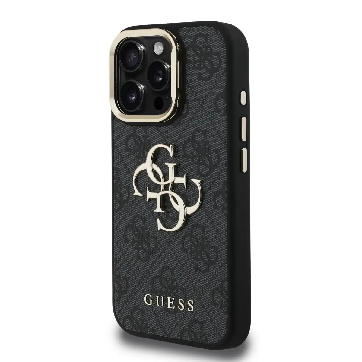 Guess PU 4G Metal Logo Stand Camera Frame telefona maciņš iPhone 16 Pro Melns