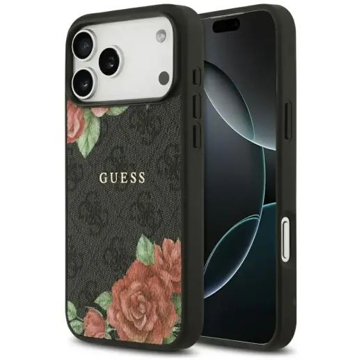Guess 4G Flowers Print чехол с поддержкой MagSafe для телефона iPhone 17 Pro черный