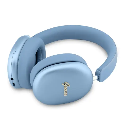 Guess Metallic Finish Gold Script Logo ENC Wireless Headphone Light Blue