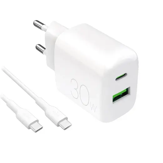 Puro PROLITE reisilaadija | 30W | USB-A, USB-C | USB-C kuni USB-C kaabliga komplektis | valge