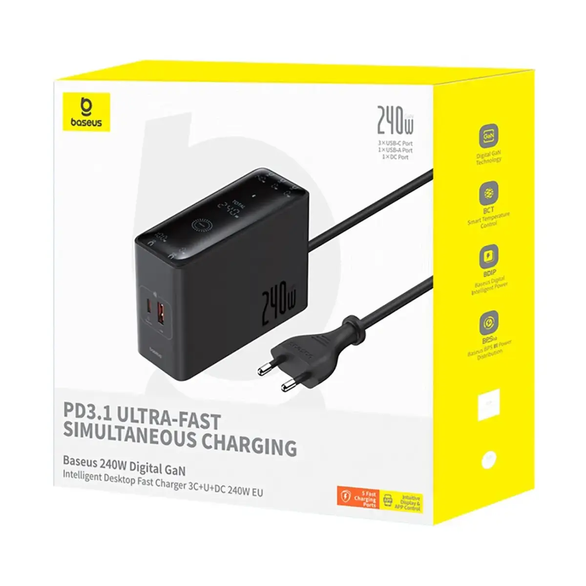 Baseus Digital GaN 3xUSB-C 1xUSB-A 240W Wall Charger with Power Cable - Black