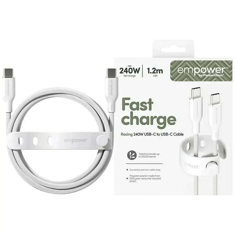 PanzerGlass Empower Racing datu pārraides un uzlādes vads | USB-C uz USB-C | 240W | 1.2m | sudraba krāsā, melns