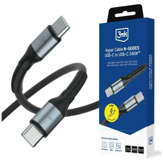 3MK Hyper N-SERIES duomenų perdavimo ir įkrovimo laidas | USB-C į USB-C | 240W | 3m | juodas