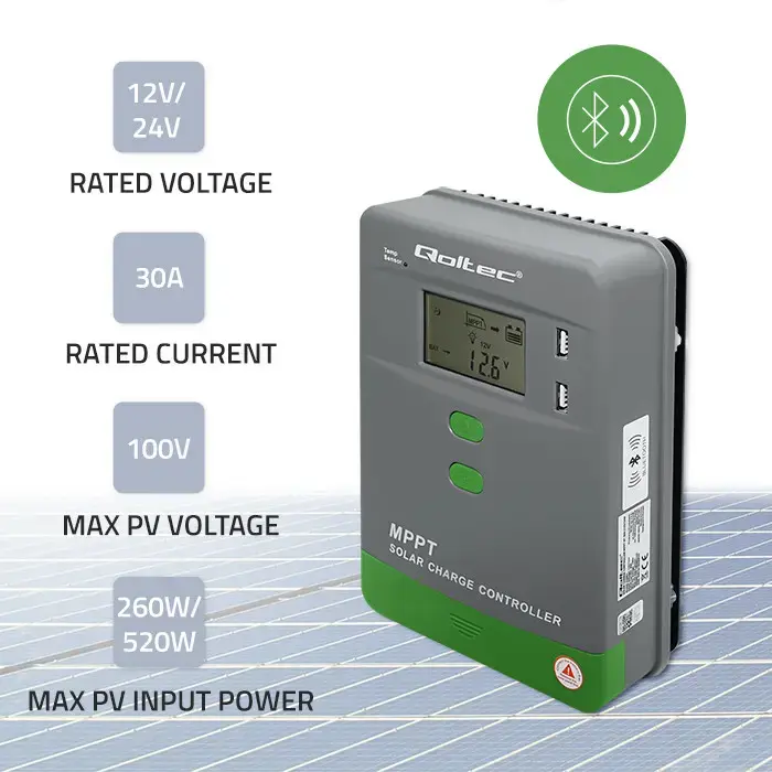 Qoltec Solar Charge Controller MPPT with Temperature Sensor 30A | 12V / 24V | LCD | 2 x USB | Bluetooth | APP | GEL | LiFePO4