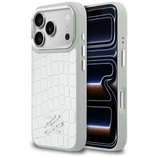 Karl Lagerfeld Croco KL Script Logo grāmatveida maciņš ar MagSafe atbalstu telefonam iPhone 17 Pro sudraba krāsā