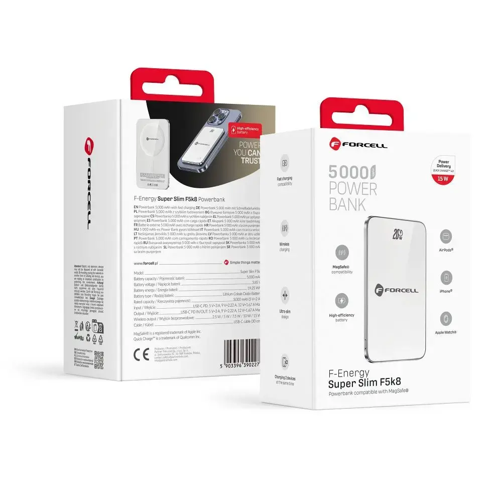 Forcell F-Energy SuperSlim F5K8 väline akupank (powerbank) | 5000 mAh | 15W | PD3.0, QC4.0 | USB-C, MagSafe | white