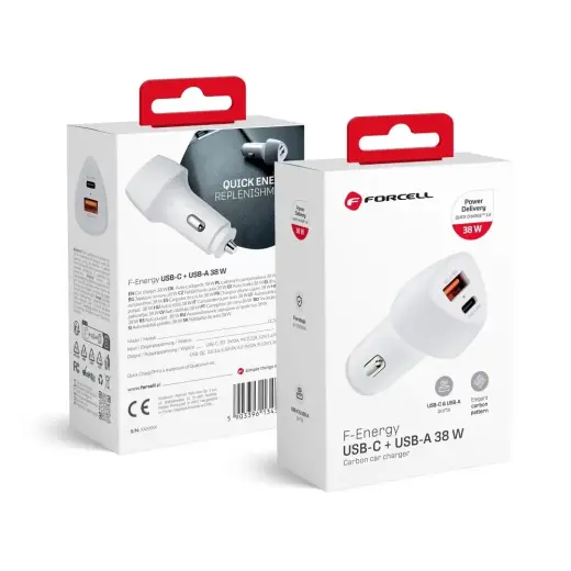Forcell F-Energy Carbon CC50-1A1C auto lādētājs | 38W | PD, QC | USB-C, USB-A | balts