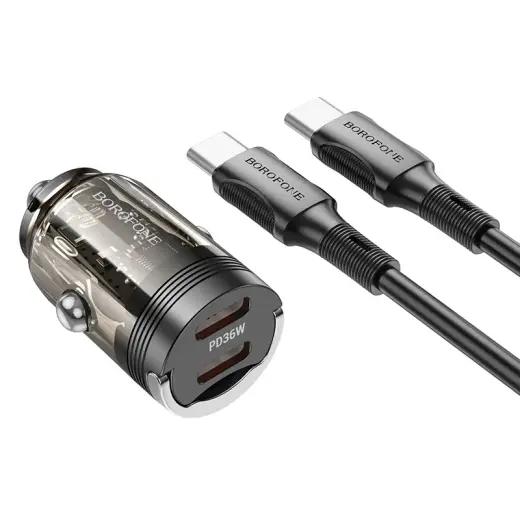 Borofone BZ29B car charger | 36W | PD, QC | USB-C, Lightning | with Type-C to Lightning cable included | transparent-black