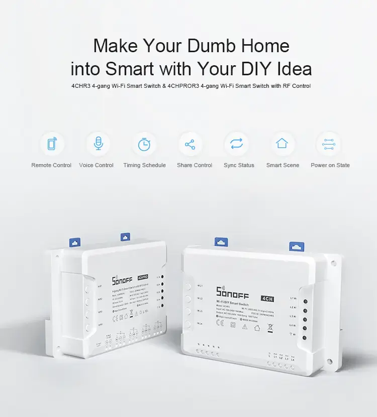 Išmanusis 4 kanalų Wi-Fi jungiklis su RF valdymu Sonoff 4CHPROR3