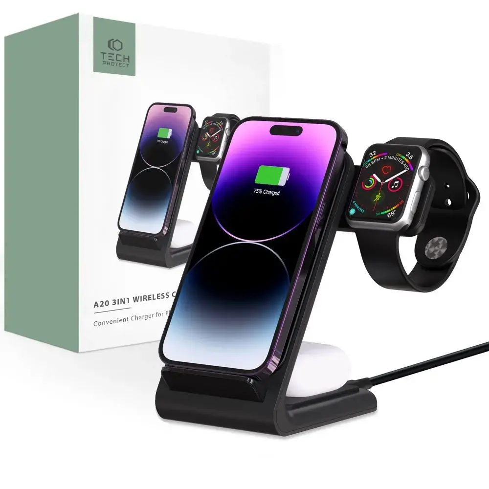 Tech-Protect QI15W-A20 inductive charger with 3in1 stand for smartphone | headphones | Apple Watch - black