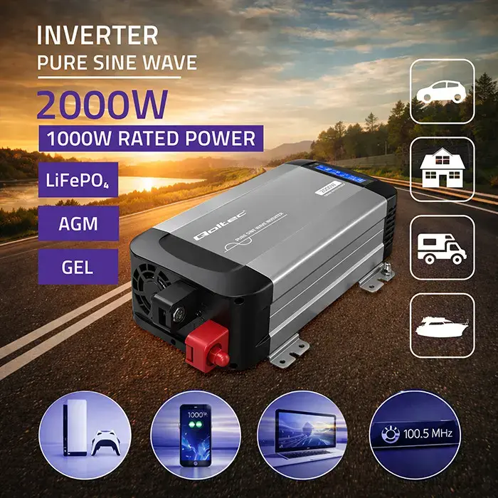 Qoltec Pure Sine Wave Inverter | 12V to 230V | 1000/2000W | LCD | USB | USC-C | Compatible with LiFePO4 GEL AGM