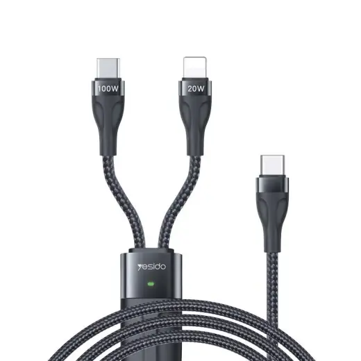 YESIDO CA87 2-in-1 andmeedastus- ja laadimiskaabel | USB-C kuni USB-C, Lightning | 100W | 1.4m | must
