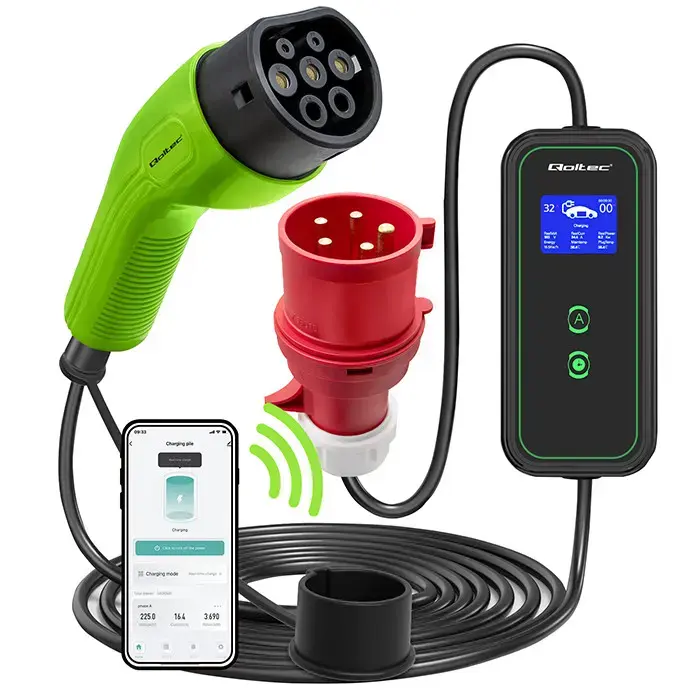Qoltec Mobile EV charger with adjustable 2in1 Type2 | 7kW | 230V | CEE 32A | Wi-fi | LCD | Portable | Wallbox | 5m