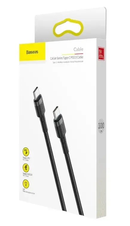 Baseus CATKLF-GG1 Cafule datu pārraides un uzlādes vads | USB-C uz USB-C | 60W | 1m | pelēks, melns (Bojāts iepakojums)