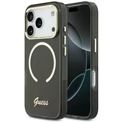 Guess IML Script Metal maciņš ar MagSafe atbalstu telefonam iPhone 17 Pro Max melns