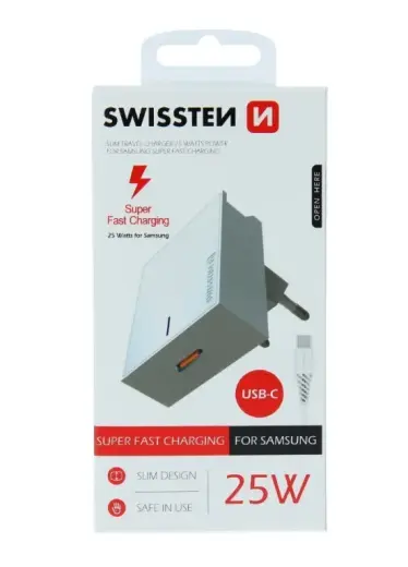 Swissten Premium 25W Samsung Super Fast Charging lādētājs ar 1.2 m USB-C uz USB-C kabeli Balts