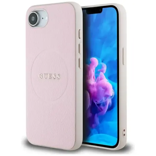 Guess Grained Ring telefono dėklas su MagSafe palaikymu iPhone 16e rožinis