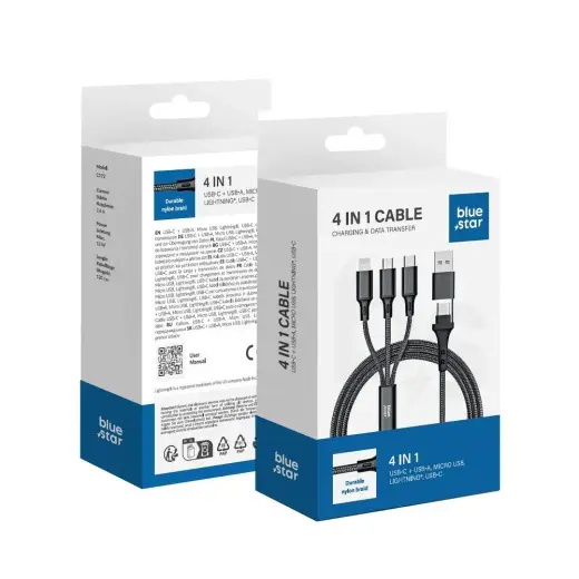 Blue Star Cafule C172 4-in-1 andmeedastus- ja laadimiskaabel | USB-A, USB-C kuni Micro USB, USB-C, Lightning | 12W | 1.2m | must