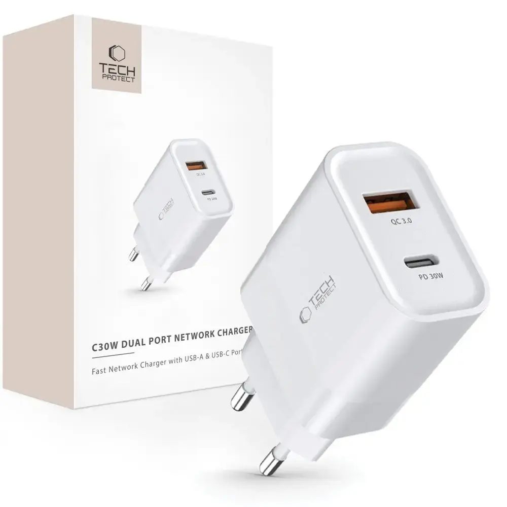 Tech-Protect C30W tīkla lādētājs | 30W | PD, QC 3.0 | USB-C, USB-A | balts